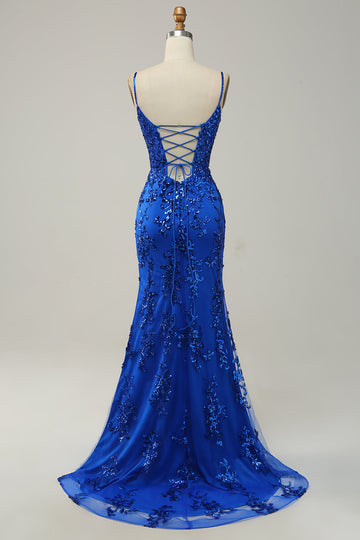 Mermaid Spaghetti Straps Royal Blue Sequins Long Ball Dress with Split Front